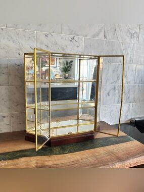 Vintage 8.75” Mirrored Glass and Brass Curio Display Cabinet with Double Doors